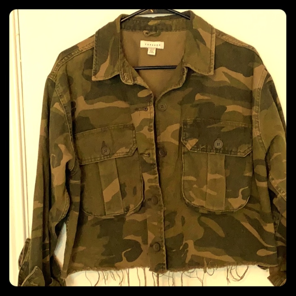 Topshop Camo Crop Jean Jacket in Olive Green and Brown